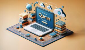 A 3D image of the words Best Online Quran Academy in blue and green, with a golden crescent moon and star above them, and a book with Arabic text below them, on a white background.